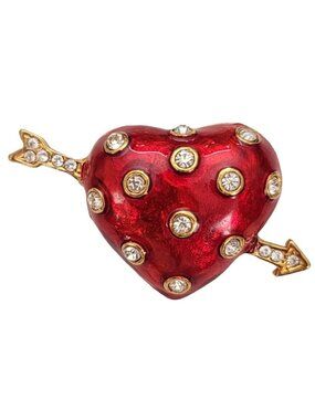 Clear Rhinestone Red Enamel Cupids Arrow Heart Brooch Pin E158